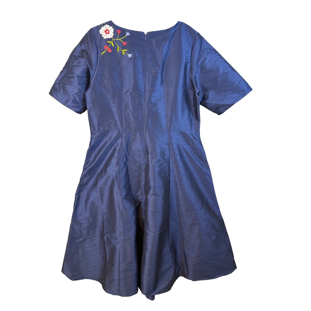 Wayward Fancies eShakti Navy Floral Embroidered Dupioni Fit Flare Dress 4025518 - Picture 2 of 10